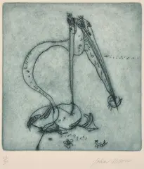 John Olsen, Pelican coloured etching 27/90 24 x 22.5cm, etching