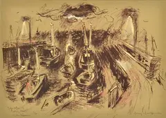 Mary Macqueen, Fishing Fleet San Remo hand coloured lithograph 5/12 26 x 36cm, lithograph