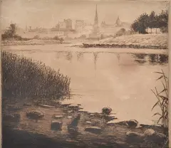 John Shirlow, View of Melbourne Through the banks of the Yarra 1920 etching 21 x 24cm, etching