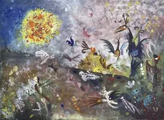 Bernard Hesling, Birds and Bright Sun 1964 enamel on metal signed and dated lower left: HESLING 64 63 x 86.5cm