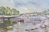 Jamie Boyd, Figures in Boat by Bridge 1986 oil on linen EXHIBITED: