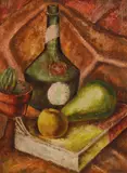 Russell Drysdale, Still Life with Fruit, Book and Chianti Bottle 1935 oil on paper on board signed and dated lower right: Drysdale '35 43 x 33.5cm