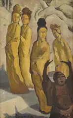 Arthur J. Lindsay, Geisha Figures 1943 oil on board signed and dated lower left: A Lindsay '43 43 x 26.5cm, oil