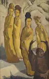 Arthur J. Lindsay, Geisha Figures 1943 oil on board signed and dated lower left: A Lindsay '43 43 x 26.5cm, oil