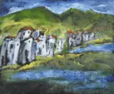 Yosl Bergner, Peeping Houses 2011 oil on canvas Private Collection of the late Zalman Schnur signed and dated lower right: Y. BERGNER, 2011, oil