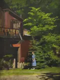 Percy Leason, Figures by the Chalet, oil on canvas on board