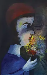 Charles Blackman, Girl with Flowers, oil on board