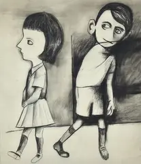 Charles Blackman, Two Children, circa 1953-55, conte on litho paper