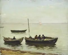 Hermann Delpech, Moored Boats and Fishermen, oil on panel