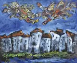 Yosl Bergner, Peeping Houses, oil on canvas