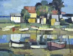 John Rigby, Moored Boats, 1964, oil on board