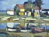 John Rigby, Moored Boats, 1964, oil on board
