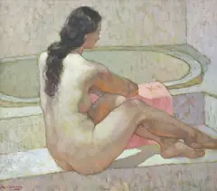 Fu Hong, Nude in the Bathroom, oil on canvas