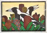 Leslie van der Sluys, Magpies and Banksia, 2005-2007, linocut 32/90