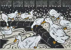 Ducks by Aileen Brown, 1989, linocut 1/20, sold Mar 2014