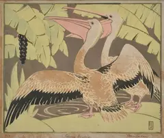 Allan Jordan, Pelicans Drinking, linocut 1/50