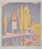 Isabel De Bohun Lockyer, Chateau de la Tour, Vevey, 1926, linocut 2/10