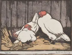 Helen Ogilvie, Chooks in the Straw, c., 1932, linocut 3/50