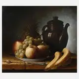 W. Koschew, Früchtestillleben mit Kanne, 1991, Öl auf Leinwand
