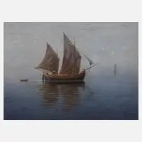 Rudolf Ernst Marčić, Fischerboot im Morgendunst, Öl auf Hartfaserplatte