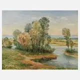 Peter Paul Müller-Werlau, Flusslandschaft, Öl auf Sperrholzplatte