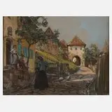 Rudolf Poeschmann, "Vor dem Gasthaus", Mischtechnik