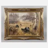W. Gruber, Balzende Auerhähne auf Waldlichtung, Öl auf Leinwand