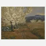 Carl Staud, Feldweg mit blühenden Bäumen, Gouache