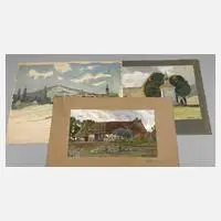 Walter Artus, Drei Landschaften, Öl auf Leinwand (nicht auf Keilrahmen gespannt) und zwei Aquarelle mit Gebäuden