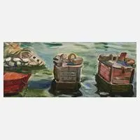 Friedrich Kunitzer, Fischkästen im Wasser, 1938, Öl auf Leinwand