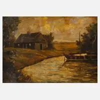 Prof. Alfred Thon, Abend am Fluss, Öl auf Malkarton