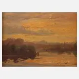 Hermann Maurer, Abend am See, Öl auf Karton und Holzplatte