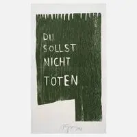 "Du sollst nicht töten" by Felix Droese, 1996, Holzschnitt in Grün mit dem Schriftzug "Du sollst nicht töten", offered Aug 2021