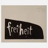 Prof. Felix Droese, "freiheit", 2003, Holzschnitt in Dunkelbraun mit dem Schriftzug "freiheit"