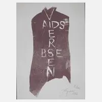 "Ohne Titel" by Felix Droese, Holzschnitt in violett mit dem Schriftzug "AIDS VIERSEN BSE", offered Aug 2021