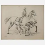 M. Stocks, Zwei Pferde mit Reiter, 1862, Bleistiftzeichnung