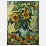Gerhard Schöpplein, Sonnenblumen und Birnen, Öl auf Hartfaserplatte