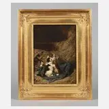Prof. Julius Adam II, Drei Katzen im Stroh, 1887, Öl auf Mahagoniholzplatte
