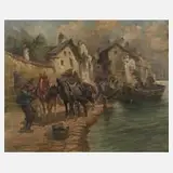 Fritz Neumann, Zollkontrolle im Hafen, Öl auf Leinwand und Keilrahmen