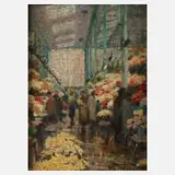 M. Thiele, Auf dem Blumenmarkt, Öl auf Sperrholz