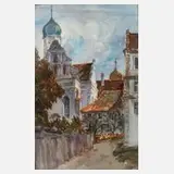 Gabriele Greger, Kirchenansicht, Aquarell in leuchtender Farbigkeit