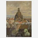 Fritz Beckert, Blick auf die Frauenkirche, Öl auf Sperrholz