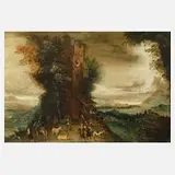 Anton Mozart, Turm im Gebirge, Öl auf Kupferblech