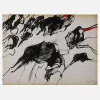 Peter Dotrel, Abstrakte Komposition mit Rot, Tuschepinsel und Feder in Schwarz und Rot