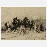 H. Weisse, "Zur Erntezeit", Kohlezeichnung auf Pergamentpapier und auf Unterlagekarton montiert