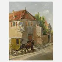 Walter Friederici, Straßenszene mit Postkutsche, Öl auf Karton