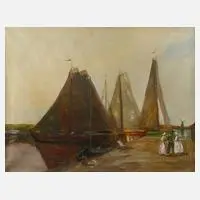 F. Brandt, Segelboote im Hafen, Öl auf Leinwand