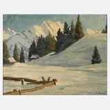 Elfriede Jungk, Alpine Winterlandschaft, Öl auf Pappe