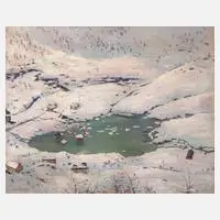 Siegfried Mackowsky, "Winterlandschaft mit Bergsee", Öl auf Sperrholzplatte