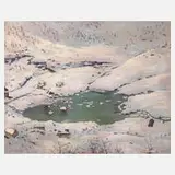 Siegfried Mackowsky, "Winterlandschaft mit Bergsee", Öl auf Sperrholzplatte